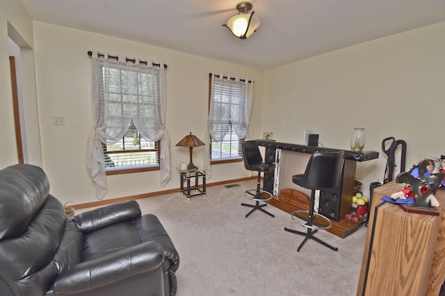 carpeted office featuring visible vents and baseboards