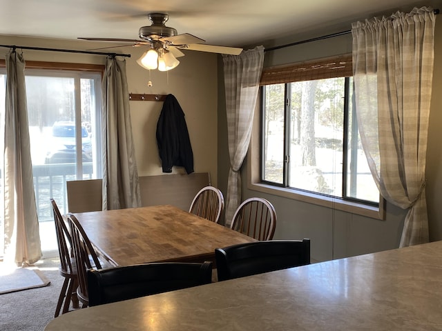dining room featuring ceiling fan and carpet flooring