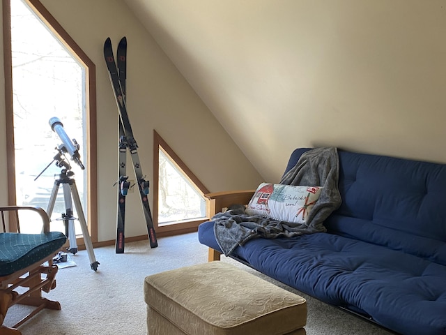 carpeted living room featuring lofted ceiling