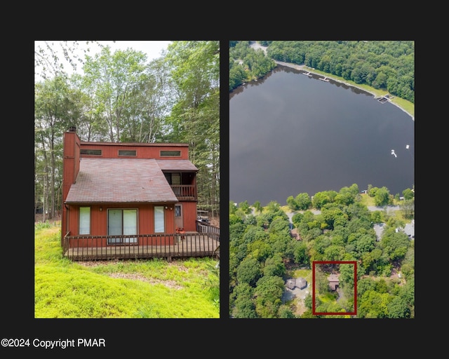 exterior space with a water view, a chimney, and roof with shingles