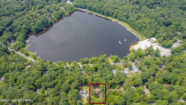 drone / aerial view with a forest view and a water view