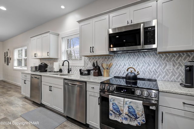 kitchen with stainless steel appliances, decorative backsplash, a sink, and a healthy amount of sunlight