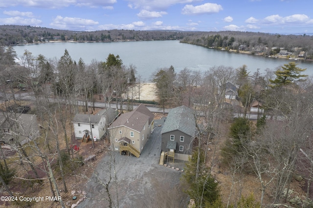 birds eye view of property with a water view and a forest view