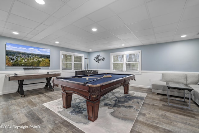 rec room featuring billiards, a drop ceiling, wood finished floors, and wainscoting