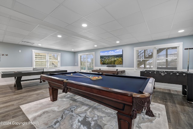 game room with a paneled ceiling, a wainscoted wall, dark wood-style flooring, billiards, and visible vents