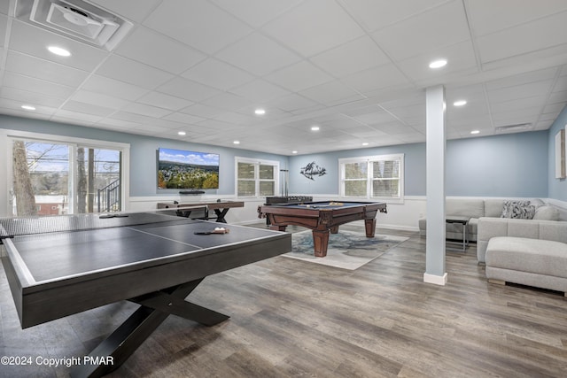 recreation room featuring plenty of natural light, visible vents, wood finished floors, and pool table