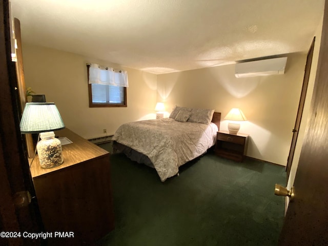 carpeted bedroom with a baseboard heating unit and a wall mounted AC