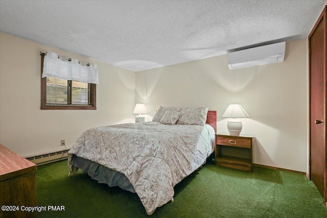 bedroom with baseboards, a baseboard radiator, carpet, a textured ceiling, and an AC wall unit