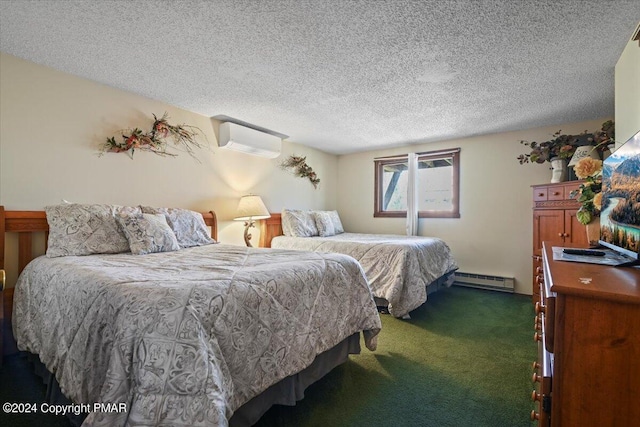 bedroom featuring a textured ceiling, carpet floors, a wall mounted AC, and baseboard heating