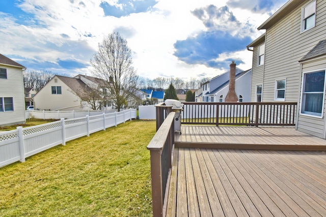 wooden terrace with a fenced backyard, a yard, and a residential view