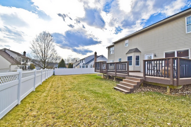 view of yard featuring fence and a deck
