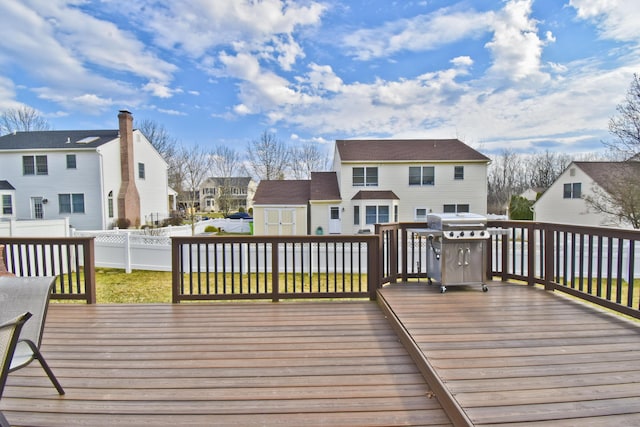 deck featuring a fenced backyard, a lawn, a grill, and a residential view