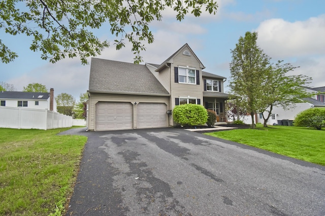 view of front of property with fence, a garage, driveway, and a front yard