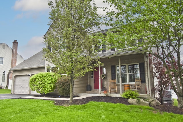 view of front of home featuring a front yard, covered porch, driveway, and a garage