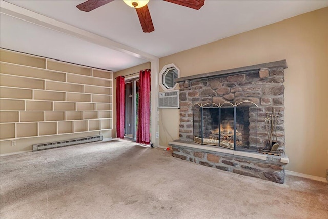 250 Sunrise Loop, Henryville, PA 18332 - unfurnished living room featuring baseboard heating, carpet floors, ceiling fan, a fireplace, and an AC wall unit