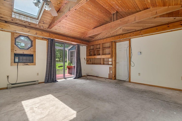 250 Sunrise Loop, Henryville, PA 18332 - carpeted spare room with a baseboard heating unit, wood ceiling, a skylight, ceiling fan, and a wall unit AC