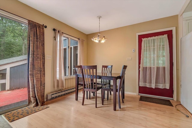 250 Sunrise Loop, Henryville, PA 18332 - dining room featuring baseboard heating, a chandelier, plenty of natural light, and light wood-style floors