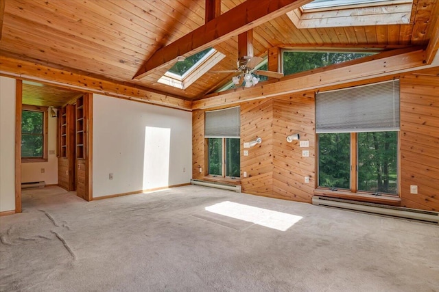 250 Sunrise Loop, Henryville, PA 18332 - empty room featuring a skylight, a baseboard radiator, ceiling fan, wooden walls, and a wood ceiling with exposed beams