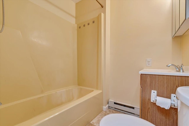 250 Sunrise Loop, Henryville, PA 18332 - full bathroom featuring a baseboard radiator, vanity, tile patterned flooring, and bathtub / shower combination