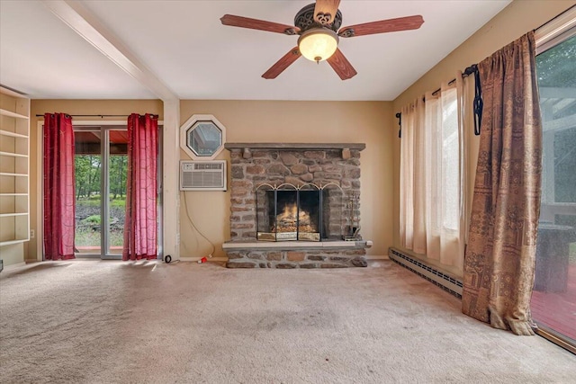 250 Sunrise Loop, Henryville, PA 18332 - unfurnished living room featuring an AC wall unit, carpet flooring, a stone fireplace, and baseboard heating