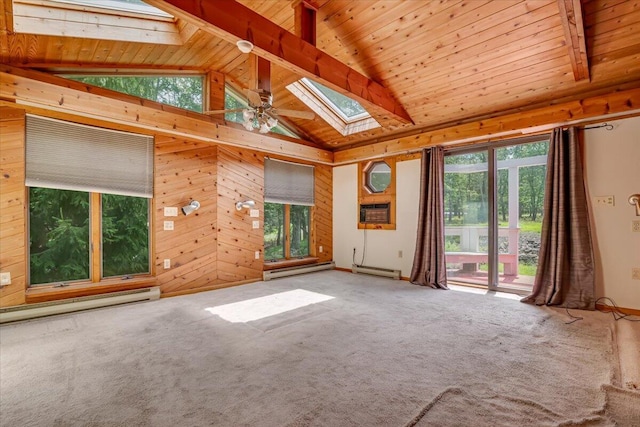 250 Sunrise Loop, Henryville, PA 18332 - carpeted empty room with a skylight, a wood ceiling with exposed beams, a ceiling fan, a baseboard radiator, and high vaulted ceiling