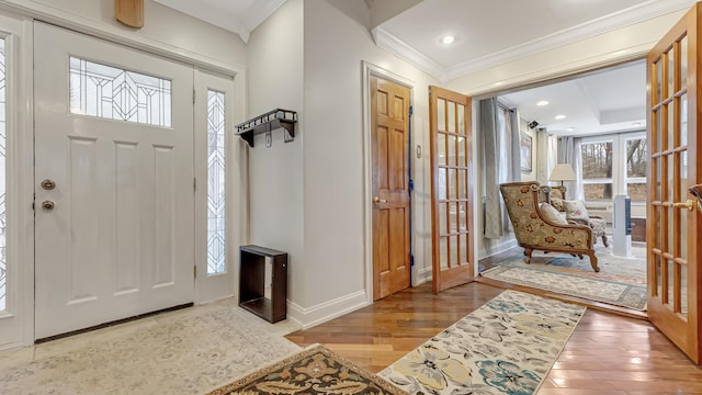 141 Old River Rd, Thornhurst, PA 18424 - foyer featuring baseboards, ornamental molding, recessed lighting, wood finished floors, and french doors