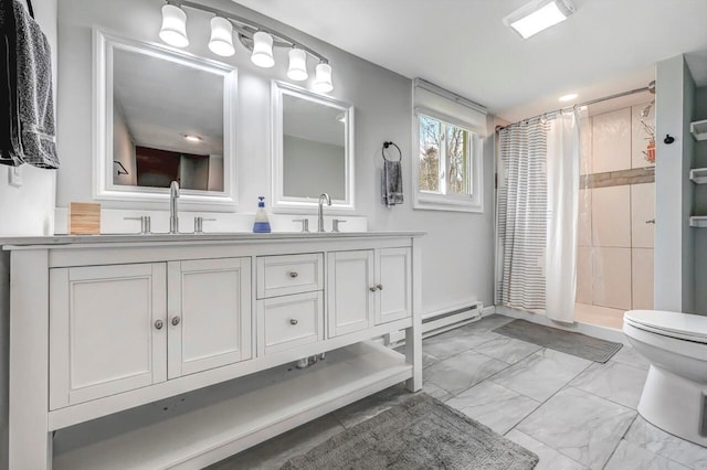 134 Altemose Rd, Pocono Lake, PA 18347 - bathroom with double vanity, marble finish floor, toilet, a sink, and a stall shower