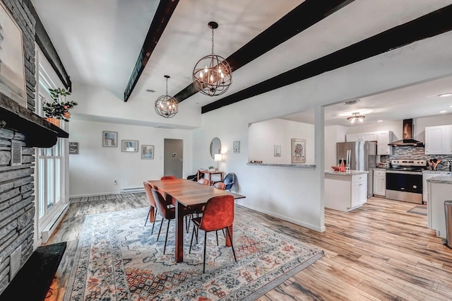 134 Altemose Rd, Pocono Lake, PA 18347 - dining room with an inviting chandelier, beamed ceiling, baseboards, a baseboard radiator, and light wood-style flooring