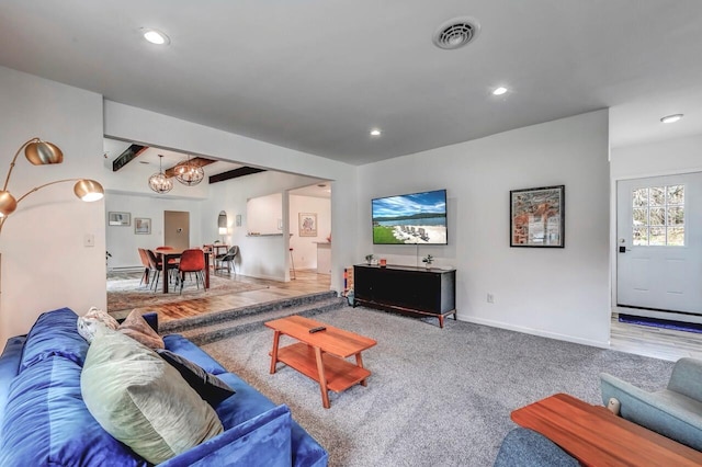 134 Altemose Rd, Pocono Lake, PA 18347 - living area featuring an inviting chandelier, recessed lighting, baseboards, and visible vents