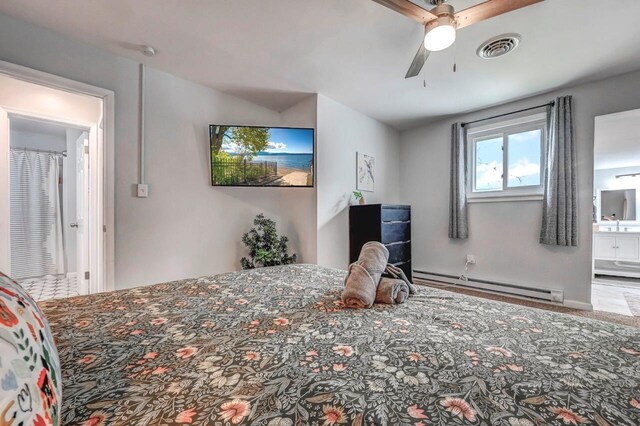 134 Altemose Rd, Pocono Lake, PA 18347 - bedroom with baseboard heating, a ceiling fan, ensuite bath, and visible vents