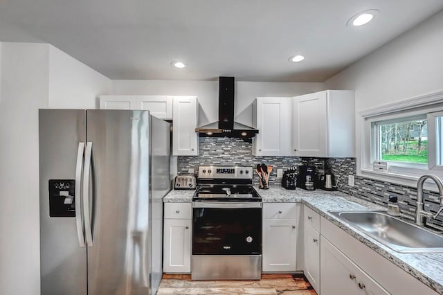 134 Altemose Rd, Pocono Lake, PA 18347 - kitchen with wall chimney range hood, a sink, light countertops, stainless steel appliances, and tasteful backsplash