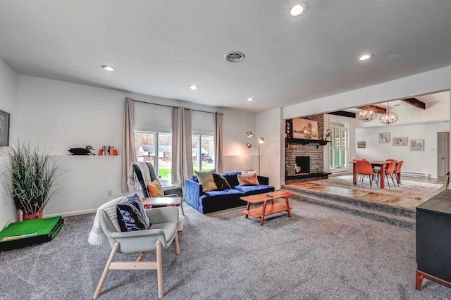 134 Altemose Rd, Pocono Lake, PA 18347 - living area featuring visible vents, a fireplace, baseboards, recessed lighting, and carpet flooring