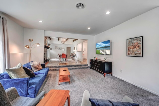 134 Altemose Rd, Pocono Lake, PA 18347 - carpeted living room featuring recessed lighting, baseboards, visible vents, and an inviting chandelier
