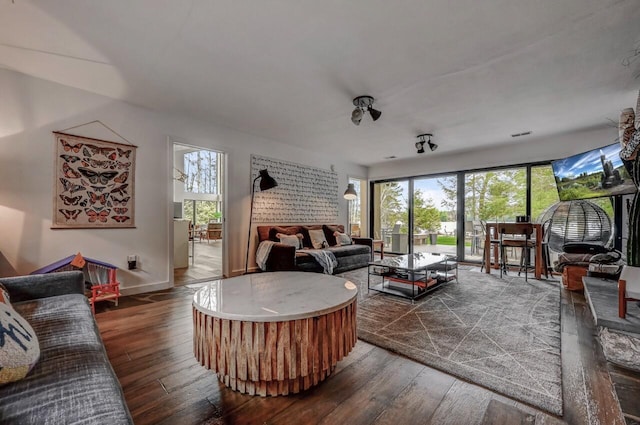 living area with a healthy amount of sunlight, baseboards, and dark wood-style flooring