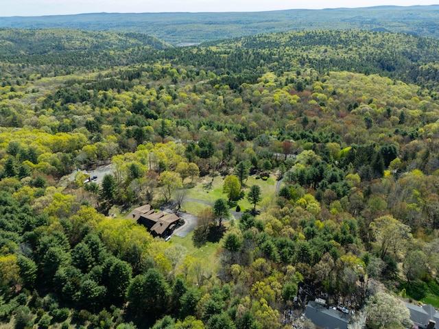 aerial view featuring a wooded view