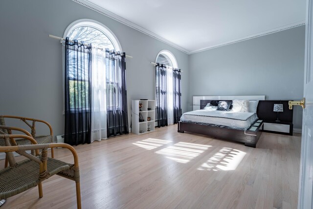 bedroom featuring ornamental molding and wood finished floors