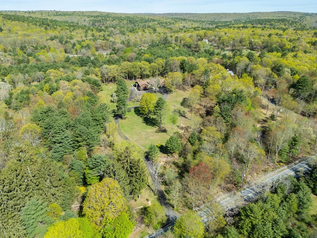 drone / aerial view featuring a wooded view