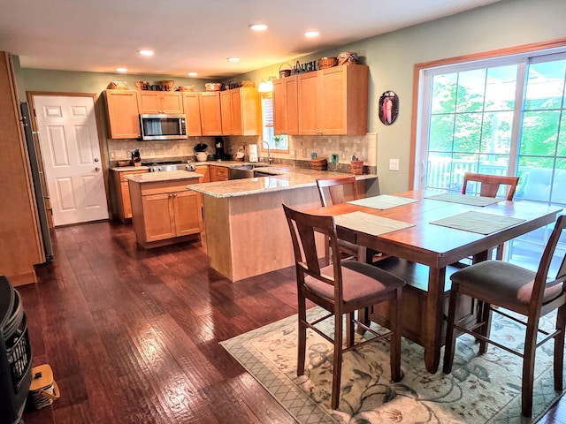 1277 Cherry Hill Rd, Palmerton, PA 18071 - kitchen featuring appliances with stainless steel finishes, dark wood-type flooring, light brown cabinetry, a peninsula, and recessed lighting