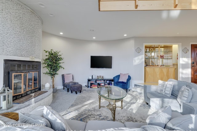 123 Shannon Ct, Bushkill, PA 18324 - living room with a large fireplace, carpet floors, and recessed lighting