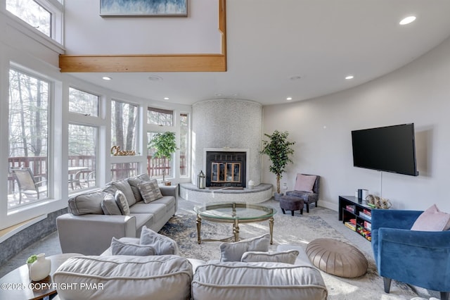 123 Shannon Ct, Bushkill, PA 18324 - living area featuring recessed lighting, a fireplace, and carpet flooring