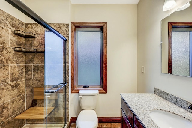 374 Packer Dr, Weatherly, PA 18255 - bathroom with toilet, baseboards, a shower stall, and vanity