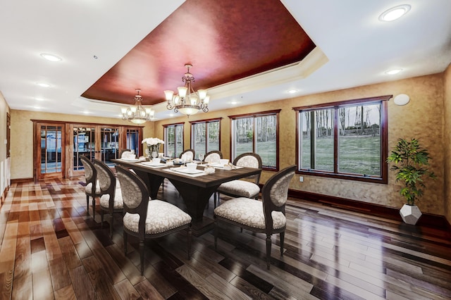 374 Packer Dr, Weatherly, PA 18255 - dining space with baseboards, a chandelier, french doors, a tray ceiling, and wood finished floors