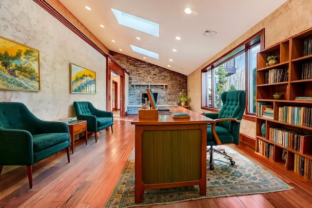 374 Packer Dr, Weatherly, PA 18255 - home office with high vaulted ceiling, visible vents, recessed lighting, hardwood / wood-style floors, and a skylight