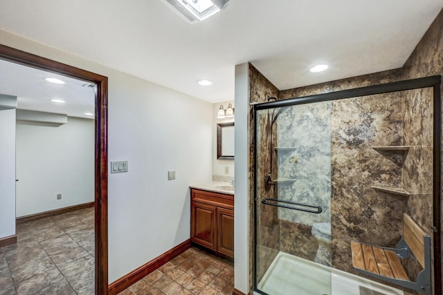 374 Packer Dr, Weatherly, PA 18255 - bathroom with baseboards, recessed lighting, a stall shower, and vanity