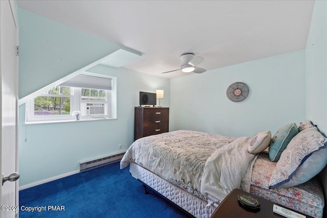 carpeted bedroom with baseboards, cooling unit, a baseboard heating unit, and a ceiling fan