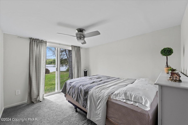 bedroom with ceiling fan, baseboards, carpet flooring, and access to exterior