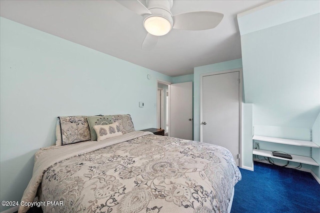 bedroom with ceiling fan and carpet flooring