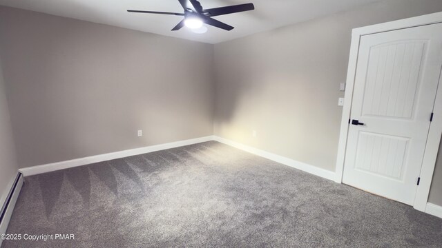 unfurnished room featuring ceiling fan, carpet flooring, and baseboard heating