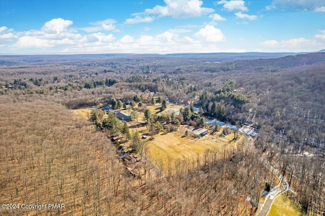 drone / aerial view featuring a forest view