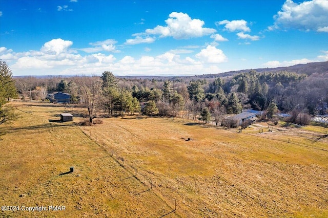 birds eye view of property with a forest view and a rural view